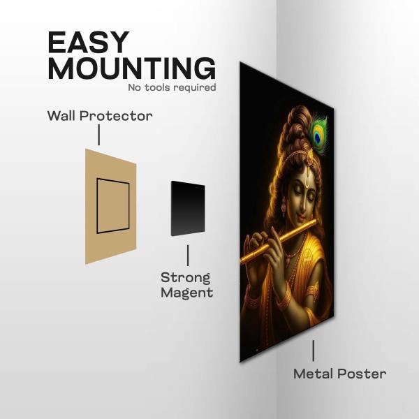 Shree Krishna: The Golden Flute of Eternal Bliss | Divine Celestial Metal Poster