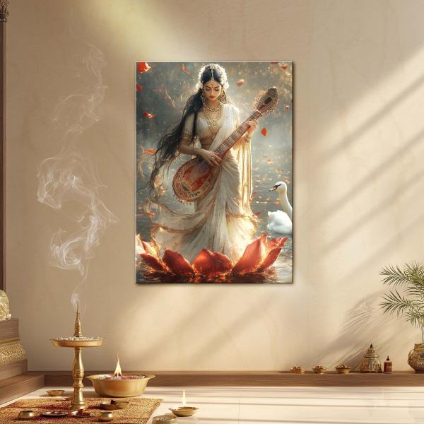 Goddess of Wisdom & Melody: Divine Saraswati Metal Poster